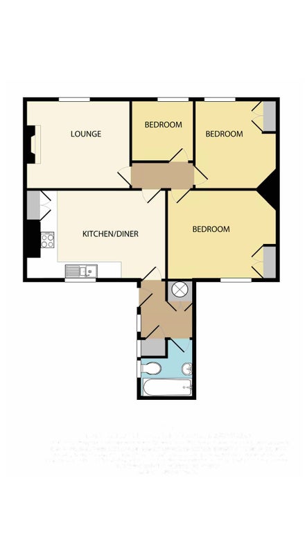 The floor plan for Irex, showing hall, kitchen-diner, sitting room, three bedrooms and the bathroom.